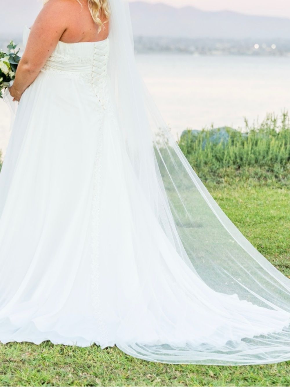 Ivory Strapless A-Line Wedding Dress with Long Veil
